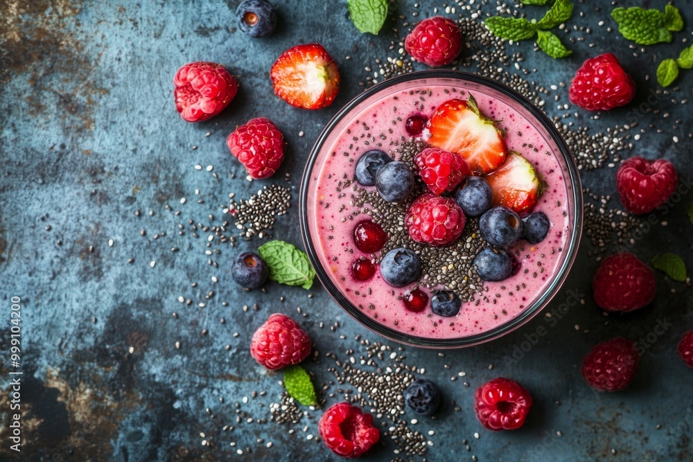 Vibrant berry smoothie bowl with chia seeds and fresh mint leaves on rustic background Vibrant berry smoothie bowl with chia seeds and fresh mint leaves on rustic background