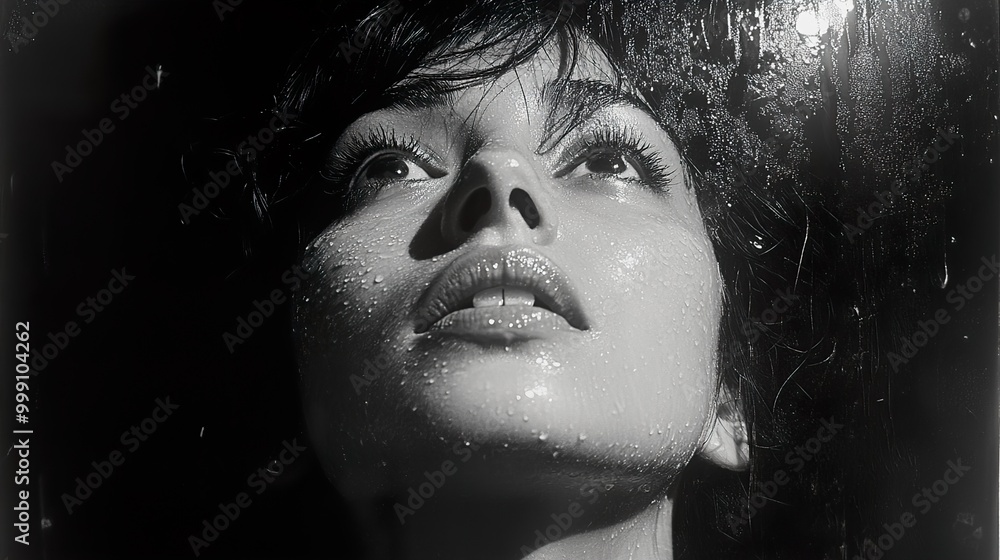 Black and White Portrait of a Woman with Water Drops on Her Face Black and White Portrait of a Woman with Water Drops on Her Face