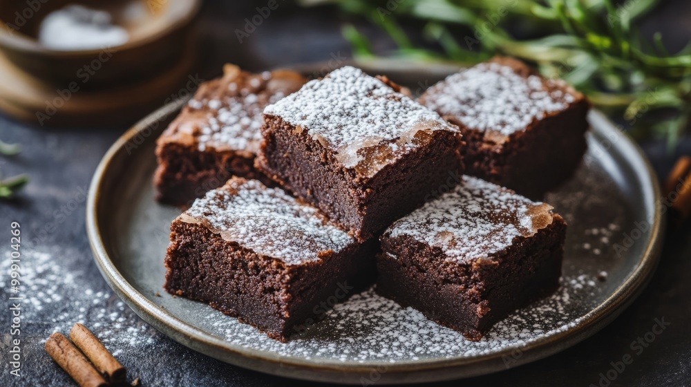 Plate of warm brownies with powdered sugar on top, classic American dessert background generative ai Plate of warm brownies with powdered sugar on top, classic American dessert background generative ai