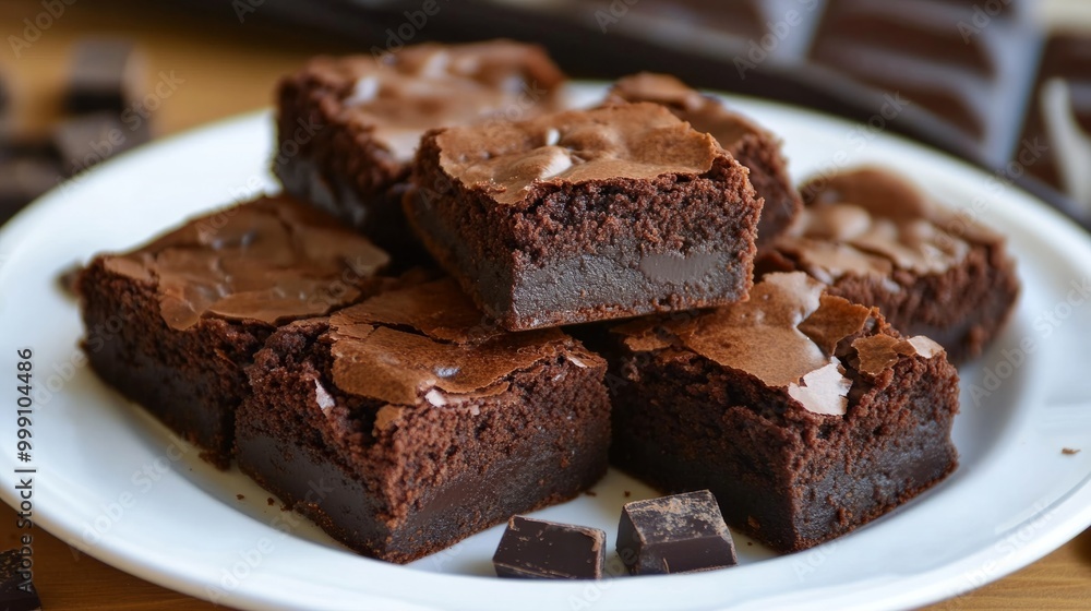 Rich chocolate brownies with chunks of dark chocolate, served on a white dish generative ai Rich chocolate brownies with chunks of dark chocolate, served on a white dish generative ai