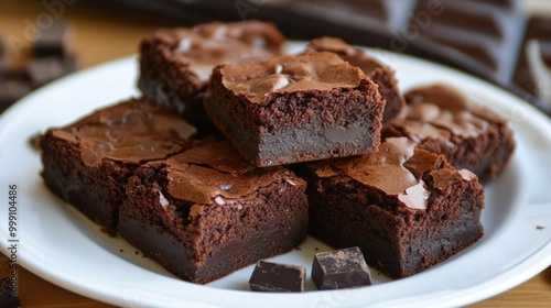 Wallpaper Mural Rich chocolate brownies with chunks of dark chocolate, served on a white dish generative ai Torontodigital.ca