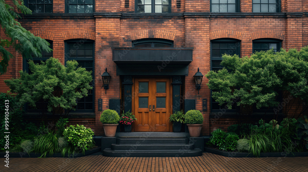 Obraz premium The charming entrance features a sturdy wooden door framed by vibrant plants and well-kept shrubbery, creating a welcoming atmosphere in an urban area