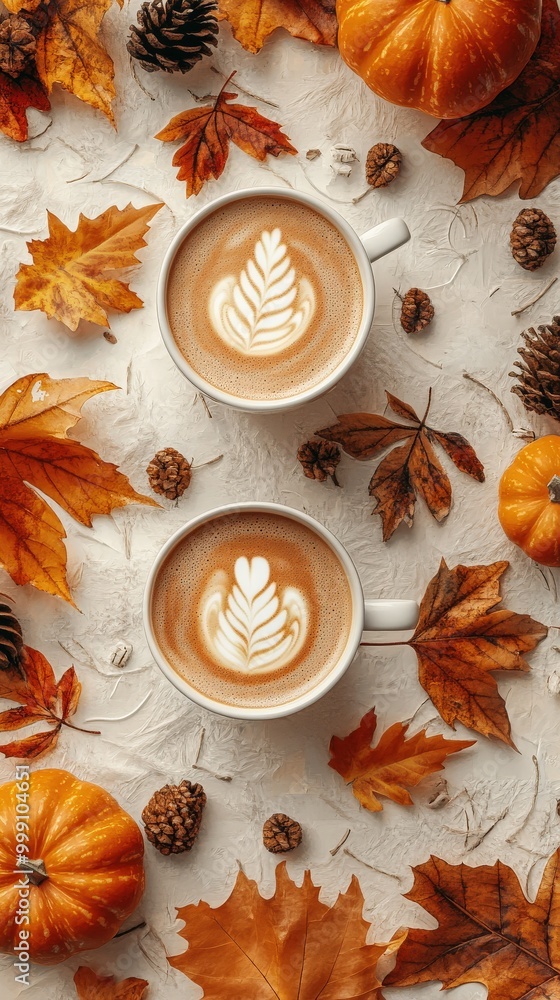Hand-drawn Cozy Autumn Pattern with Pumpkins and Coffee Cups Hand-drawn Cozy Autumn Pattern with Pumpkins and Coffee Cups