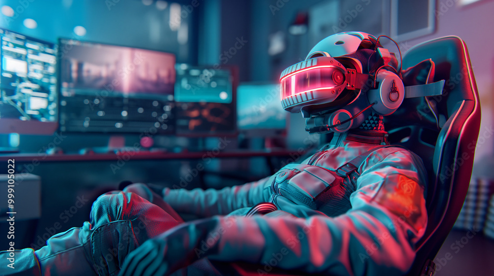 A gamer wearing a high-tech virtual reality headset sits comfortably in a sleek chair, immersed in a vibrant, neon-lit gaming environment filled with screens A gamer wearing a high-tech virtual reality headset sits comfortably in a sleek chair, immersed in a vibrant, neon-lit gaming environment filled with screens