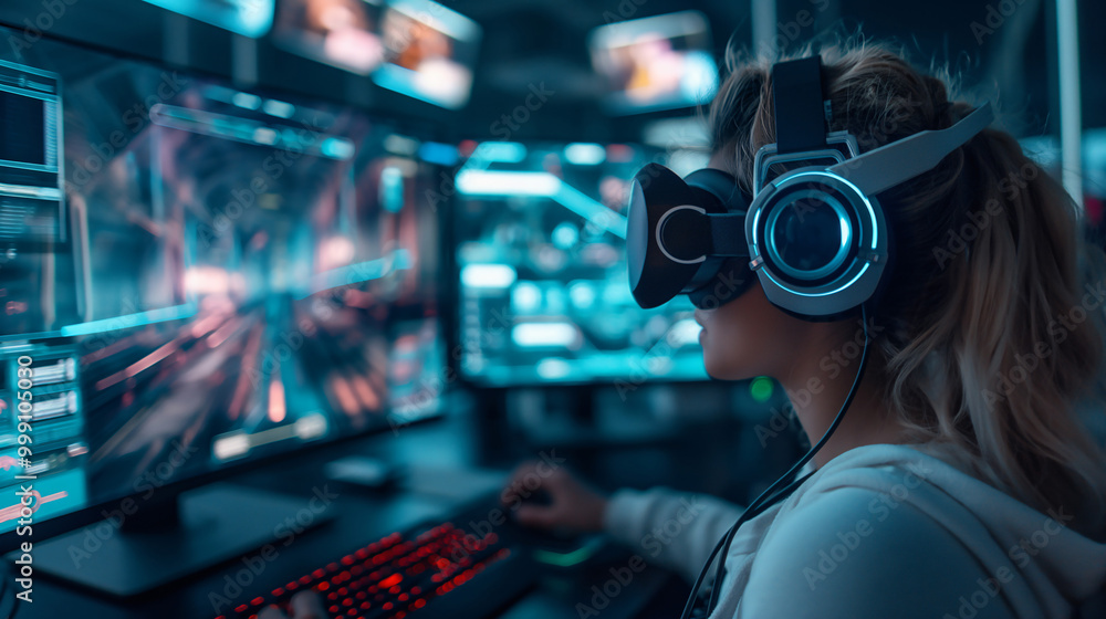 A young gamer immerses herself in virtual reality gameplay at an esports venue, surrounded by glowing screens and advanced technology, showcasing intense focus A young gamer immerses herself in virtual reality gameplay at an esports venue, surrounded by glowing screens and advanced technology, showcasing intense focus