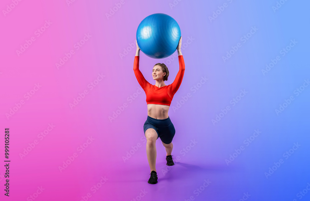 Full body length gaiety shot athletic and sporty young woman with fitness exercising ball in standing posture on isolated background. Healthy active and body care lifestyle. Full body length gaiety shot athletic and sporty young woman with fitness exercising ball in standing posture on isolated background. Healthy active and body care lifestyle.