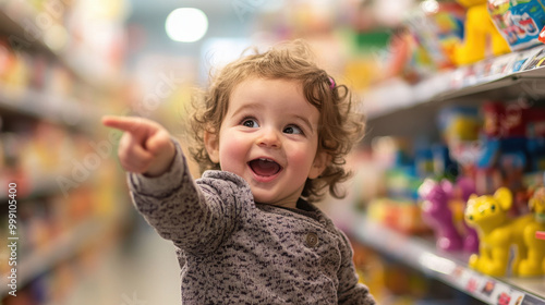 Smiling toddler with curly hair in a sweater pointing excitedly at a toy in a bright, colorful toy store aisle.