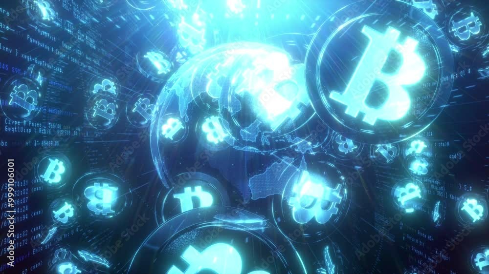 舞い上がるたくさんのビットコインと地球のサイバー空間 - ブルー 舞い上がるたくさんのビットコインと地球のサイバー空間 - ブルー