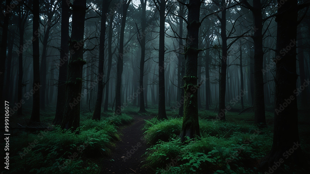 A Scary Dark Forest Scene with Dense Green Bushes, Evoking a Mysterious and Eerie Atmosphere Deep within the Woods A Scary Dark Forest Scene with Dense Green Bushes, Evoking a Mysterious and Eerie Atmosphere Deep within the Woods