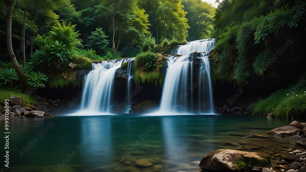 Fototapeta premium A Beautiful Waterfall Landscape, Showcasing Cascading Waters Surrounded by Lush Greenery in a Tranquil Natural Setting