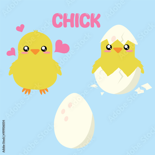 ilustracion de pollito amarillo tierno de granja con un huevo y saliendo del cascaron