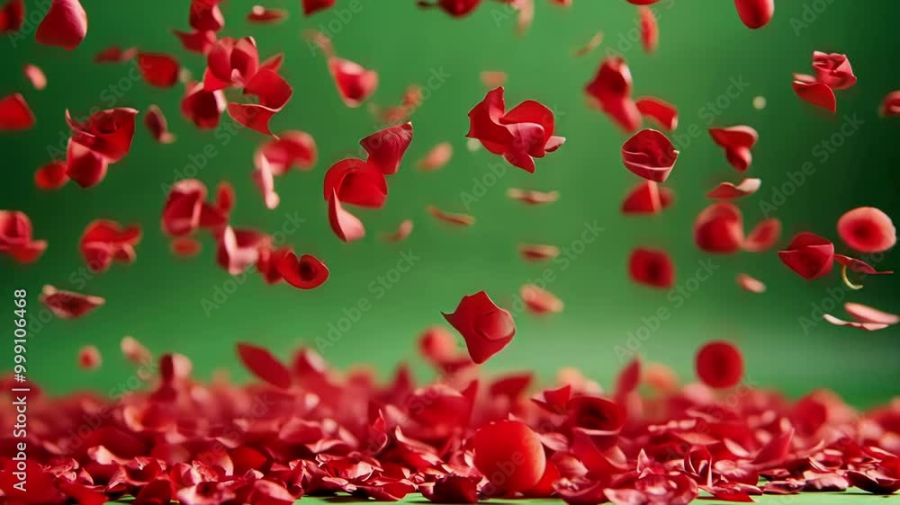 Red rose petals slowly falling on a green screen background, perfect for compositing footage or creating romantic video projects Red rose petals slowly falling on a green screen background, perfect for compositing footage or creating romantic video projects