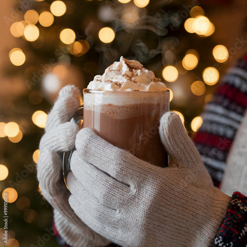 Manos con Guantes Sosteniendo una Taza de Chocolate Caliente