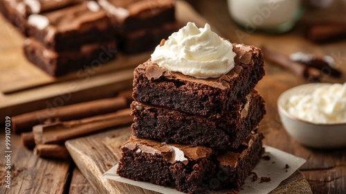 Stacked brownies with a side of whipped cream, rustic kitchen setting generative ai