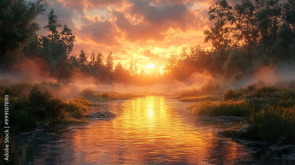 Golden Sunset Over a Misty River in a Lush Forest Golden Sunset Over a Misty River in a Lush Forest