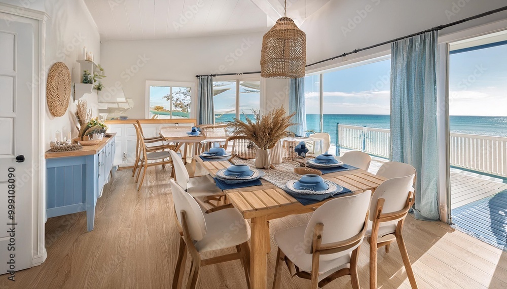 Coastal dining room with light colors and nautical-themed decor Coastal dining room with light colors and nautical-themed decor