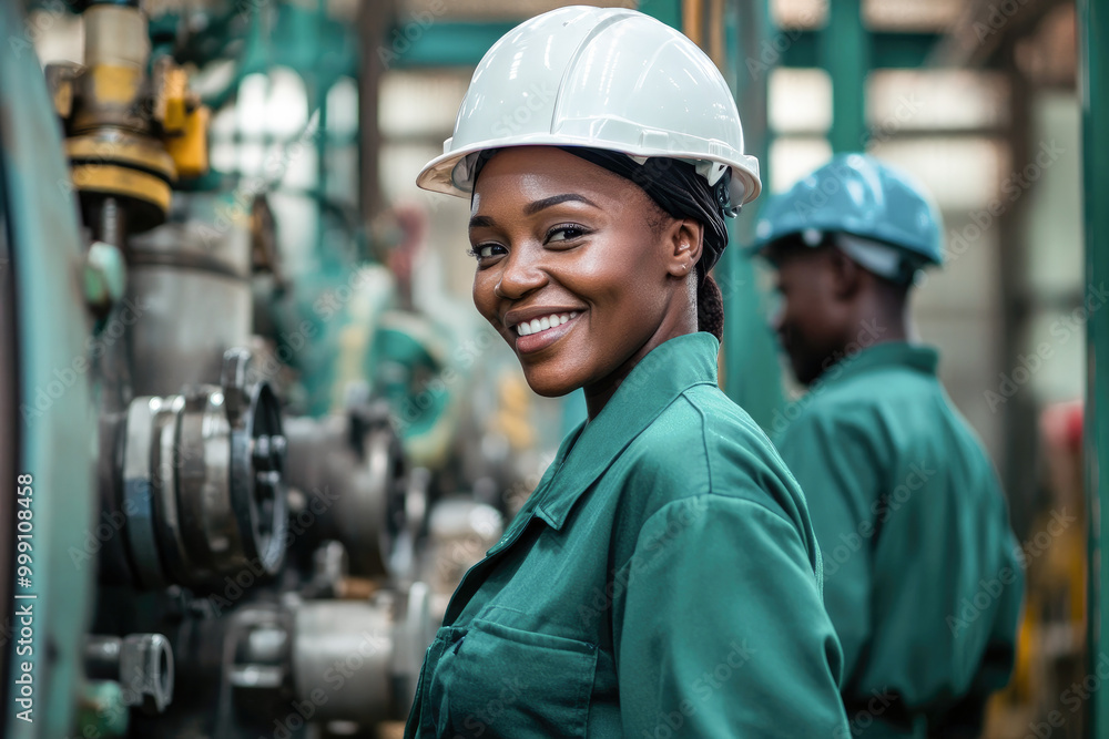 Smiling female industrial worker in safety helmet, showcasing confidence and professionalism. Smiling female industrial worker in safety helmet, showcasing confidence and professionalism.
