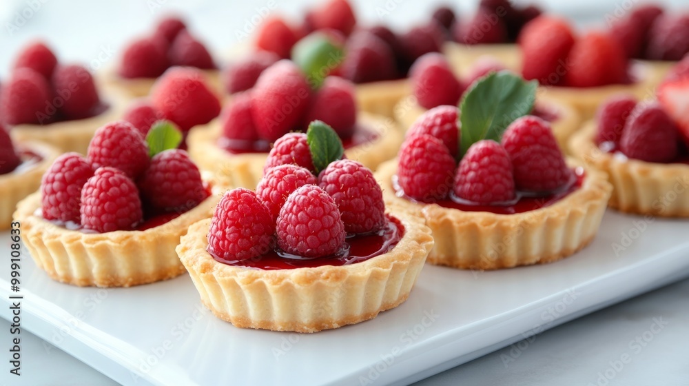 Traditional French fruit tarts on a white platter, with a focus on fresh strawberries and raspberries generative ai Traditional French fruit tarts on a white platter, with a focus on fresh strawberries and raspberries generative ai