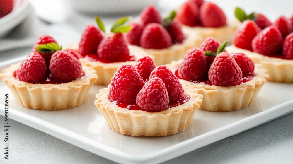 Traditional French fruit tarts on a white platter, with a focus on fresh strawberries and raspberries generative ai Traditional French fruit tarts on a white platter, with a focus on fresh strawberries and raspberries generative ai