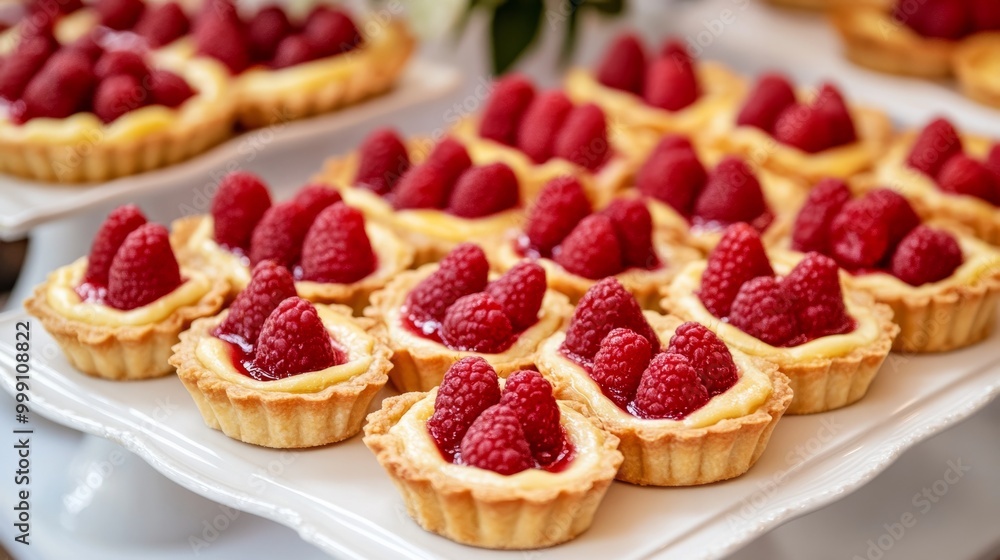 Traditional French fruit tarts on a white platter, with a focus on fresh strawberries and raspberries generative ai Traditional French fruit tarts on a white platter, with a focus on fresh strawberries and raspberries generative ai