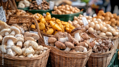 Farmers' market with mushrooms in various containers