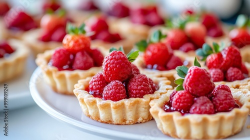 Traditional French fruit tarts on a white platter, with a focus on fresh strawberries and raspberries generative ai