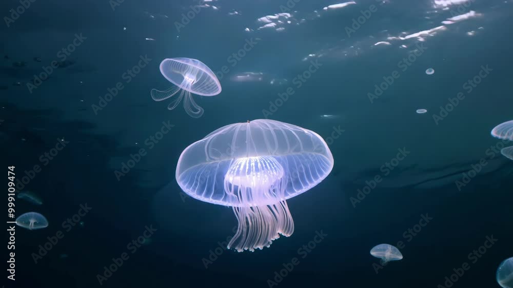 Two glowing jellyfish drift slowly through the dark depths of the ocean ...