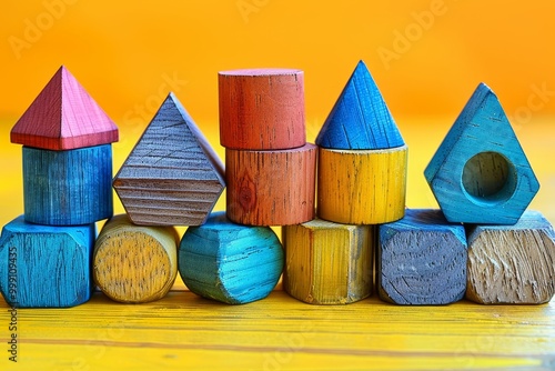 Vibrant wooden blocks featuring geometric shapes against a light background in 3d visualization photo