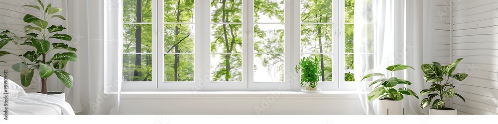 White window with glass panes, modern country house, green trees outside, cozy bedroom with plants. White window with glass panes, modern country house, green trees outside, cozy bedroom with plants.