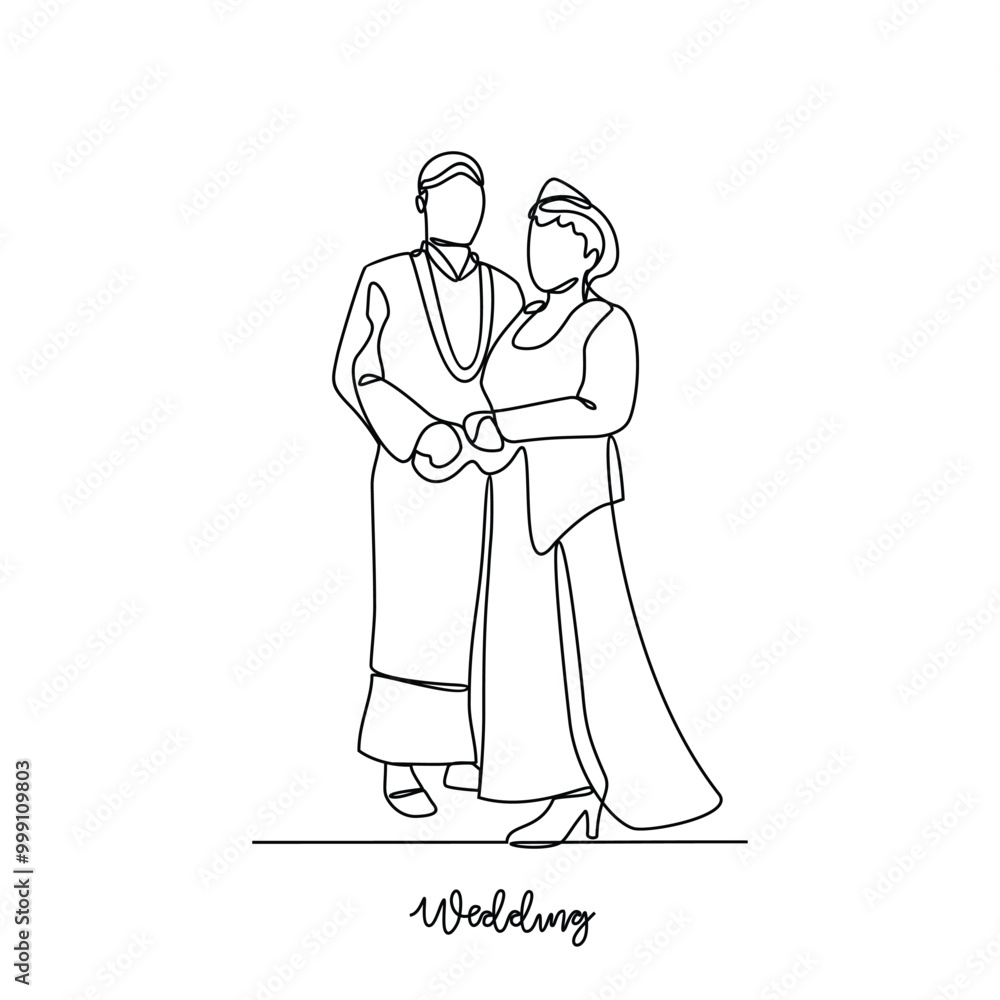 One continuous line drawing of Wedding ceremony vector illustration. The bride and groom with wedding traditional country costume design illustration in simple continuous line style vector concept.
One continuous line drawing of Wedding ceremony vector illustration. The bride and groom with wedding traditional country costume design illustration in simple continuous line style vector concept.