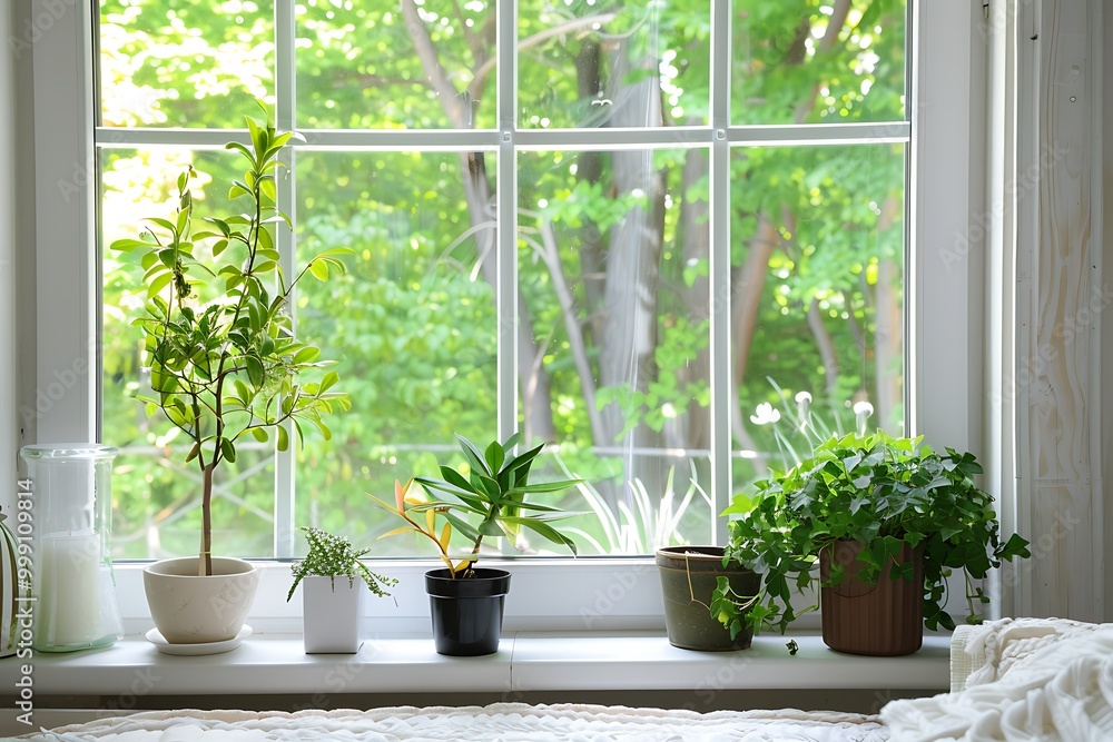 White window with glass panes, modern country house, green trees outside, cozy bedroom, potted plants. White window with glass panes, modern country house, green trees outside, cozy bedroom, potted plants.