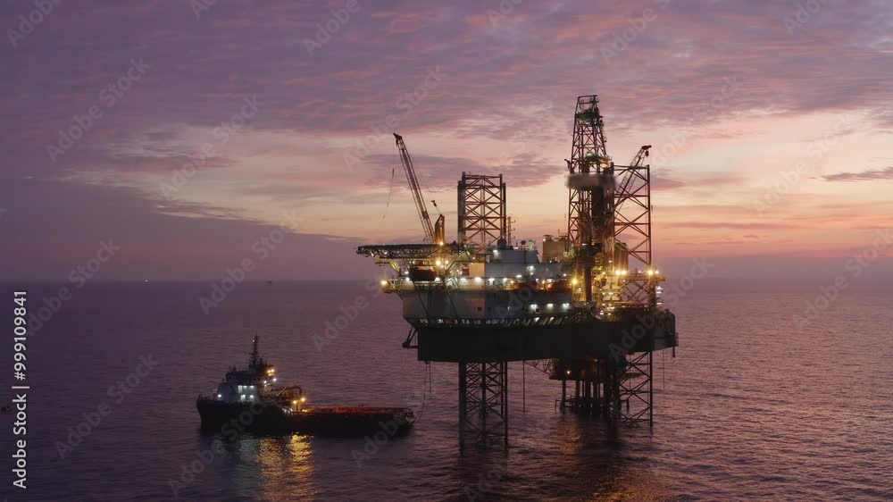 Aerial view of an offshore jack up drilling rig during sunset - oil and gas upstream industry
Aerial view of an offshore jack up drilling rig during sunset - oil and gas upstream industry