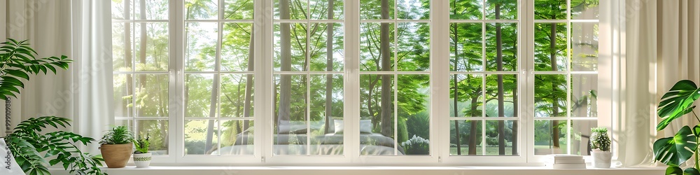 White window with glass panes, modern country house, green trees outside, cozy bedroom with plants. White window with glass panes, modern country house, green trees outside, cozy bedroom with plants.