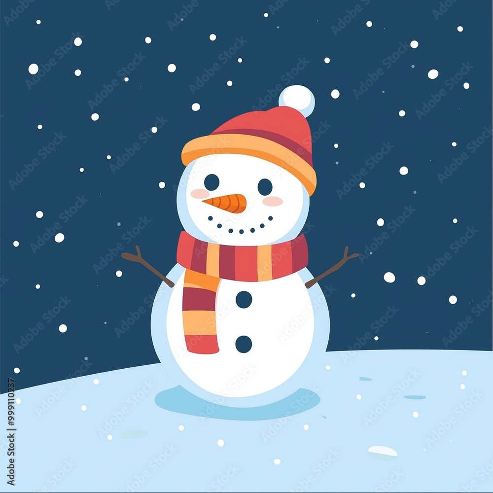 Simple illustration of cheerful snowman with scarf and funny hat with Christmas decorations. Simple illustration of cheerful snowman with scarf and funny hat with Christmas decorations.
