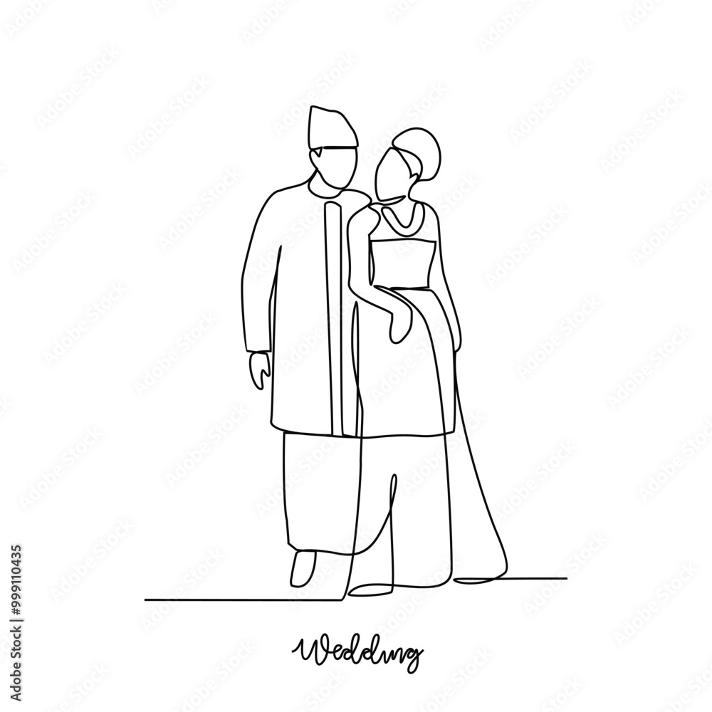 One continuous line drawing of Wedding ceremony vector illustration. The bride and groom with wedding traditional country costume design illustration in simple continuous line style vector concept.
One continuous line drawing of Wedding ceremony vector illustration. The bride and groom with wedding traditional country costume design illustration in simple continuous line style vector concept.