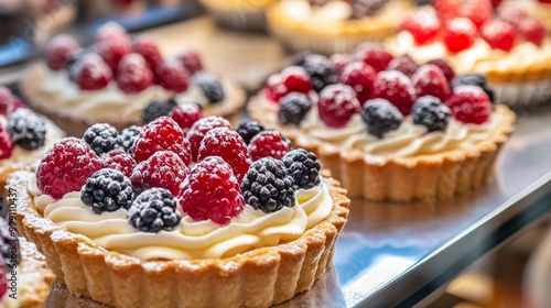 Vibrant French berry tarts with a crispy base and smooth vanilla cream filling, displayed in a bakery generative ai