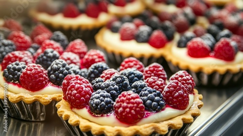 Vibrant French berry tarts with a crispy base and smooth vanilla cream filling, displayed in a bakery generative ai