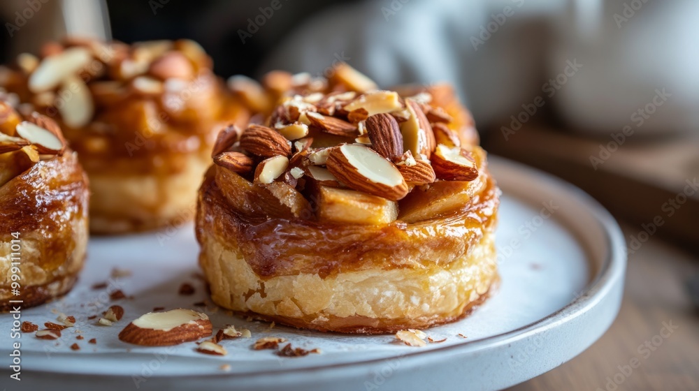 Warm apple almond pastries with a crispy top, topped with toasted almond slices and caramel generative ai Warm apple almond pastries with a crispy top, topped with toasted almond slices and caramel generative ai