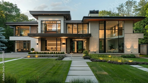 Modern Home with Stone Exterior and Large Windows