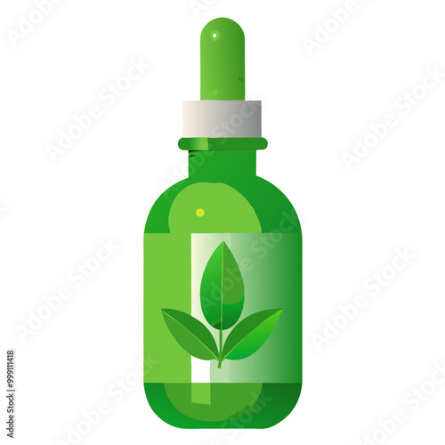 Green herbal oil dropper bottle with leaf label, eco-friendly product illustration with copy space
