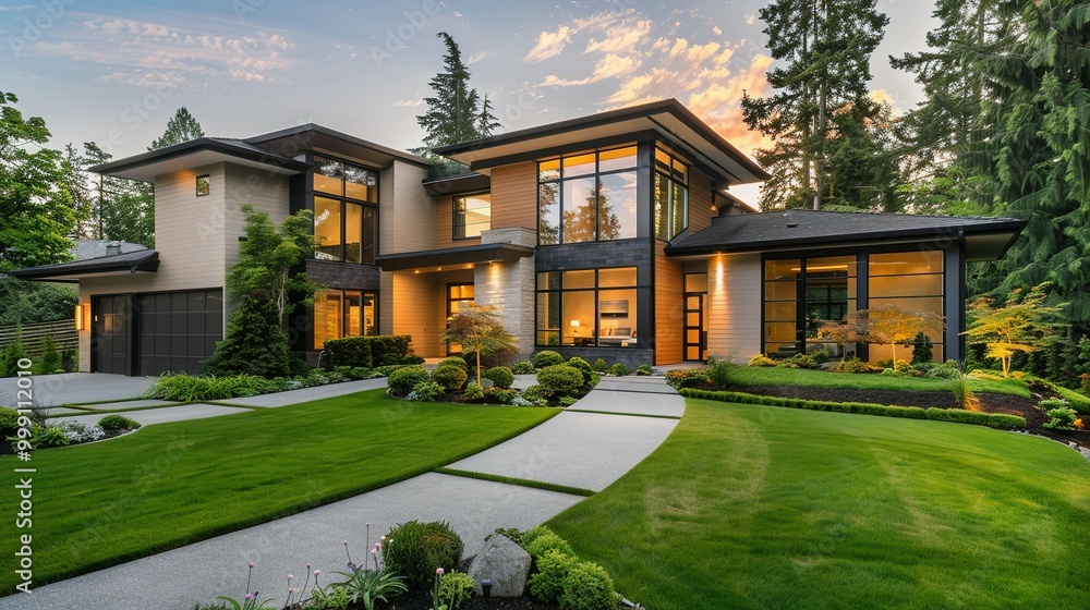 Modern House with a Stone Path and Lush Greenery Modern House with a Stone Path and Lush Greenery