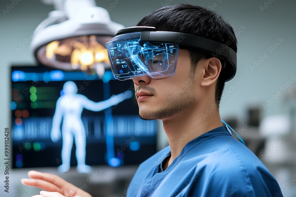 Doctor using AR for surgery, with a headset that overlays patient data and real-time imaging on the body during a complex medical procedure Doctor using AR for surgery, with a headset that overlays patient data and real-time imaging on the body during a complex medical procedure