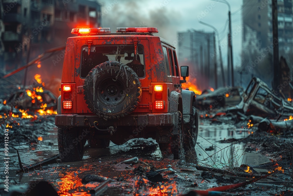 Fire service vehicle responds to blaze firefighters near burnt building and extinguishing flames Fire service vehicle responds to blaze firefighters near burnt building and extinguishing flames