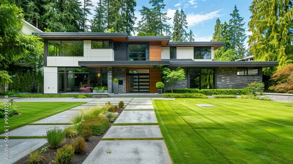 Modern House with Stone Exterior and Landscaped Lawn Modern House with Stone Exterior and Landscaped Lawn