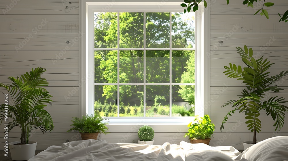 White wooden window, green trees outside, modern country house, bedroom scene, potted plants near bed. White wooden window, green trees outside, modern country house, bedroom scene, potted plants near bed.