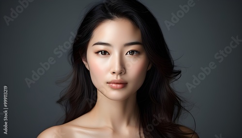 Charming Asian woman showcasing beauty products in a captivating portrait with AI creativity