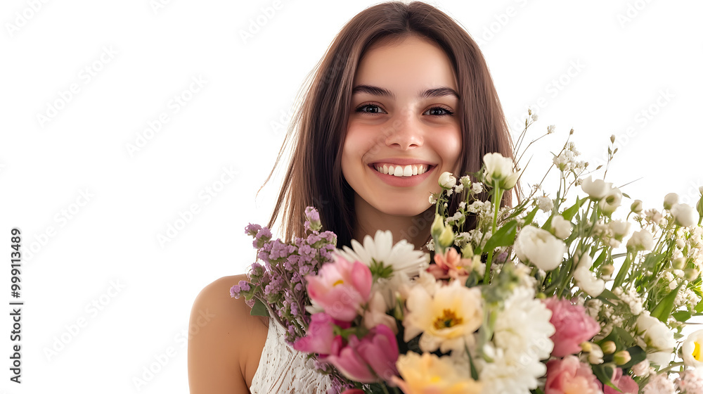 Woman Smiling with Bouquet of Flowers on White Background Woman Smiling with Bouquet of Flowers on White Background