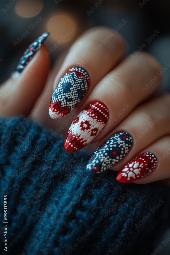 Nail art design Christmas themed ornate perfect manicure on in red, dark blue and white colors, and a blue background Nail art design Christmas themed ornate perfect manicure on in red, dark blue and white colors, and a blue background