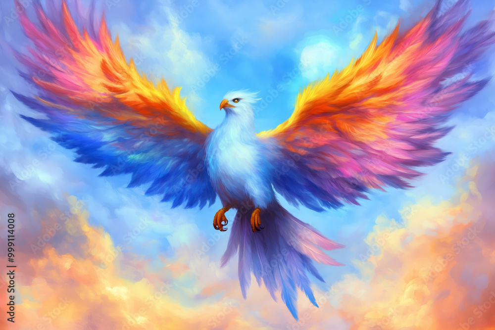 A majestic phoenix with vibrant orange, blue, and pink feathers spreads its wings, soaring through a bright and colorful sky A majestic phoenix with vibrant orange, blue, and pink feathers spreads its wings, soaring through a bright and colorful sky