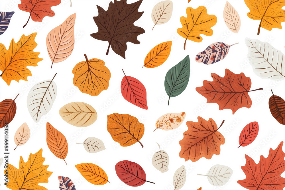 A seamless pattern of autumn leaves in warm colors such as orange, brown, and red, scattered on a white background A seamless pattern of autumn leaves in warm colors such as orange, brown, and red, scattered on a white background
